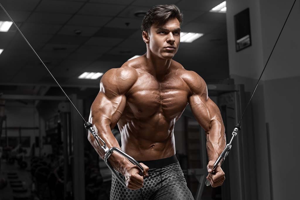 A bodybuilding man doing lower chest cable exercise at gym