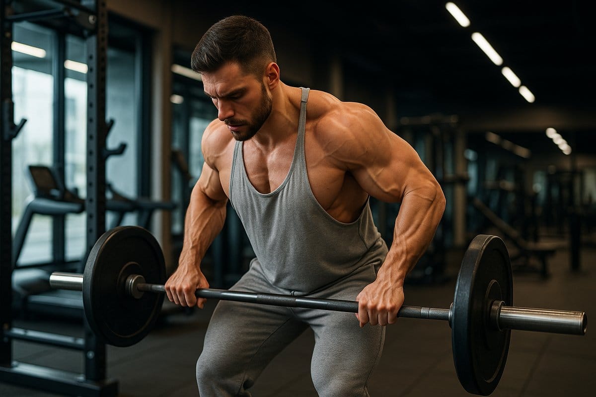 Man performing barbell bent-over row exercise at the gym for back muscle training